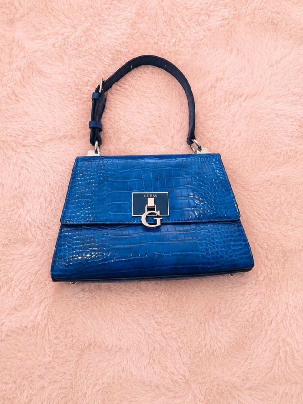 GUESS Electric Blue Croc-Embossed Top Handle Satchel